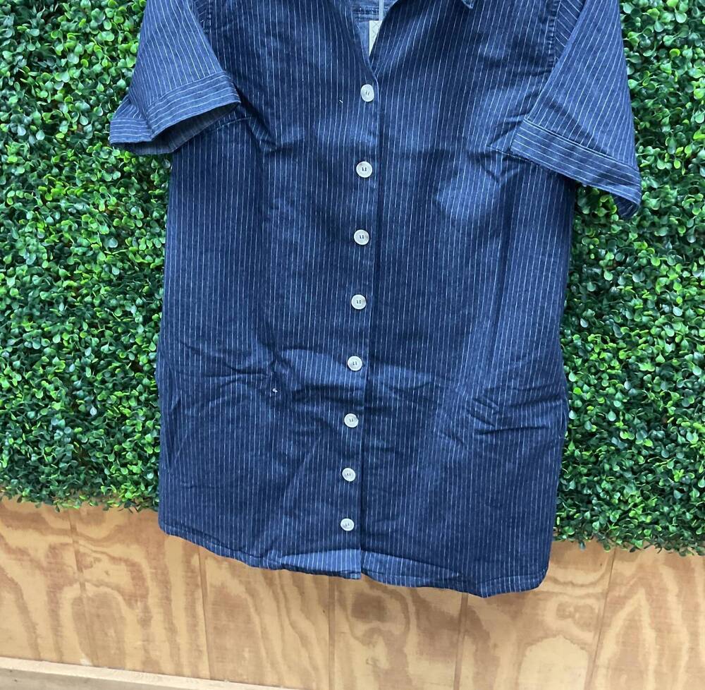 NEW SHE + SKY women's short sleeve striped collared mini dress in blue